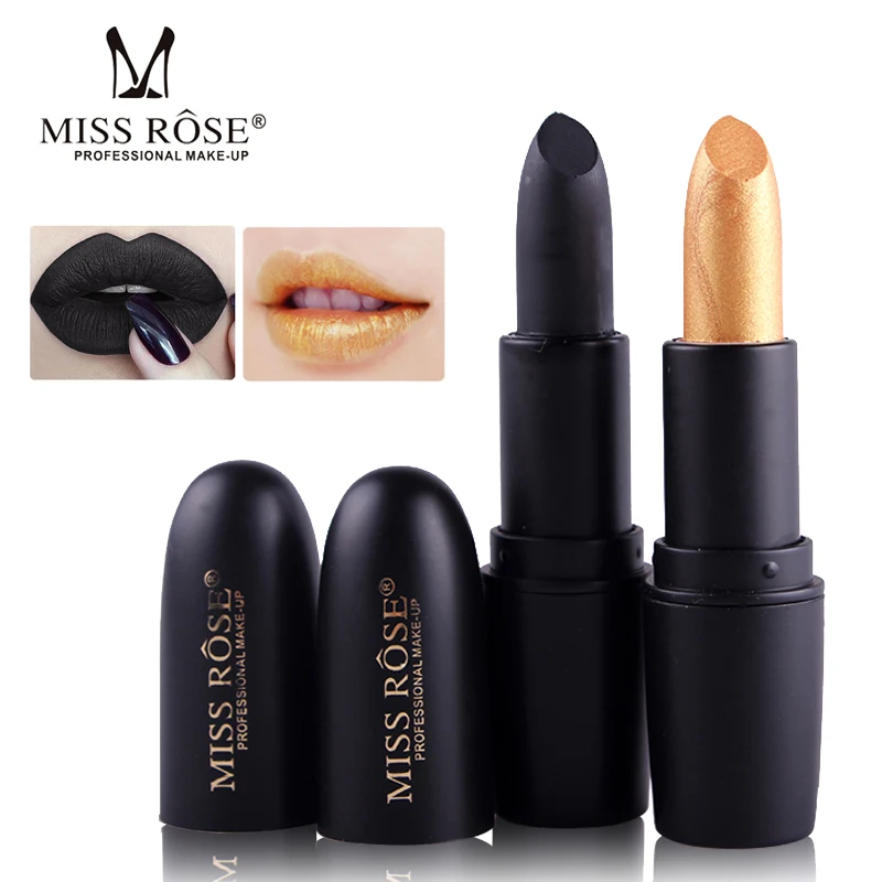 Матовая блестящая помада MISS ROSE черного и золотого цвета водостойкая легкая в