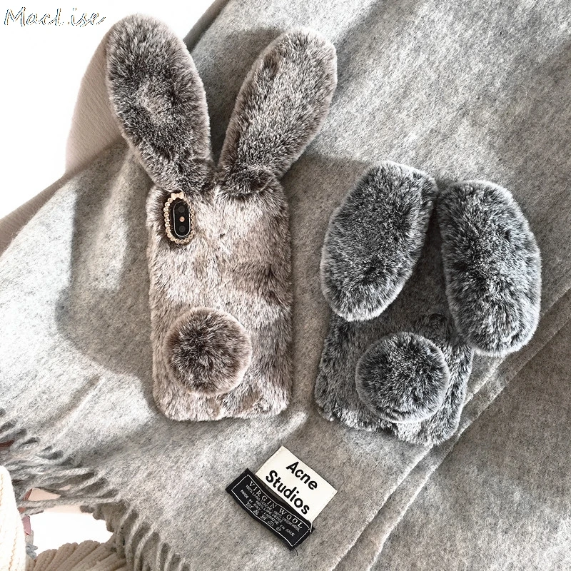For iPhone 11 12 pro phone case 3D Cute Rabbit Hairy Warm Fur Cover for 6s 7 8plus XR Xs MAX Bling Rhinestone Plush Bunny Girls | Мобильные