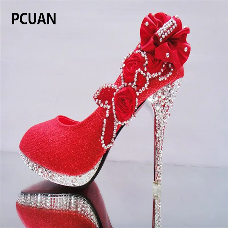 Fashion shiny crystal wedding shoes red bride thin section high heels shallow mouth bridesmaid gold butterfly 9cm | Обувь