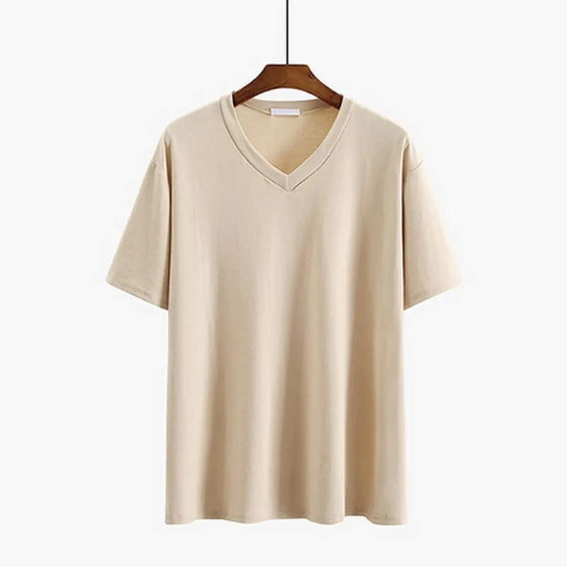 Casual Cotton T-shirts Summer Short Sleeve Tee For Women V-neck Solid Color Brief Tshirts Female Loose Bottoming Tops 9 | Женская одежда