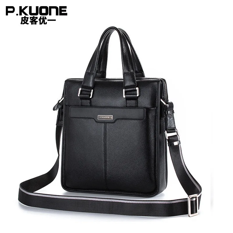 

New P.kuone brand men bag handbag genuine leather bag cowhide leather men briefcase business casual men messenger bags hot sale