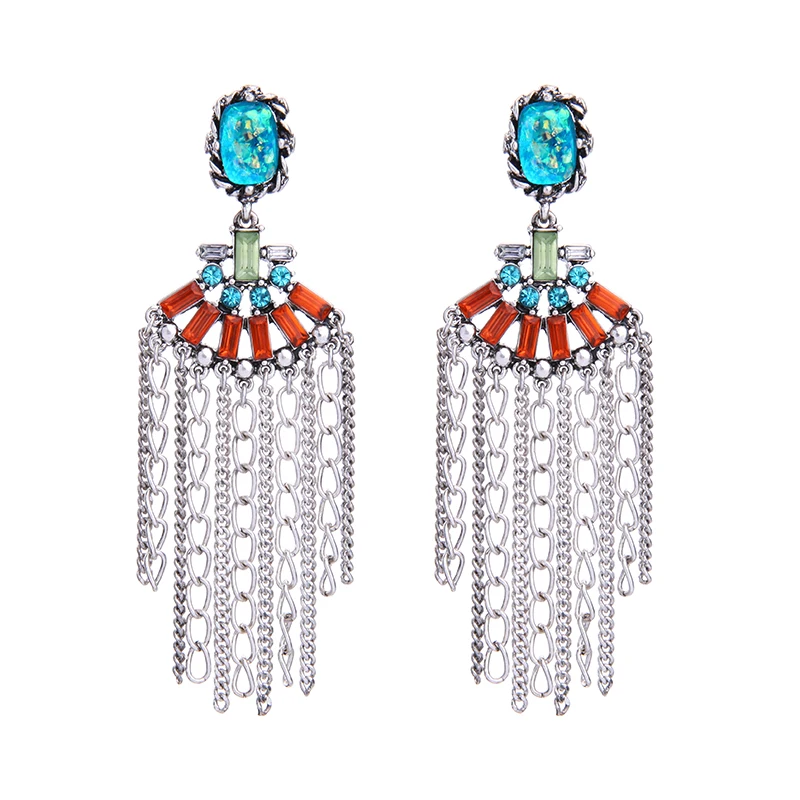 Длинные многоцветные звенья цепи серьги с бахромой женские массивные большие