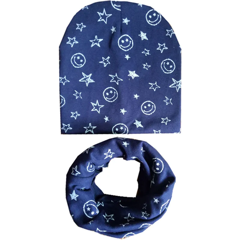 smile face navy Хлопковая детская шапка, шарф, шапка для девочек, шапки для мальчиков, детский шарф-кольцо для малышей от 0 до 3 лет, осенне-зимняя вязаная шапка для детей, комплект, детская шапка - Цвет: smile face navy
