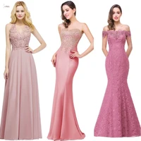2019 pink chiffon long mermaid bridesmaid dresses v neck sleeveless applique wedding party gown vestido madrinha