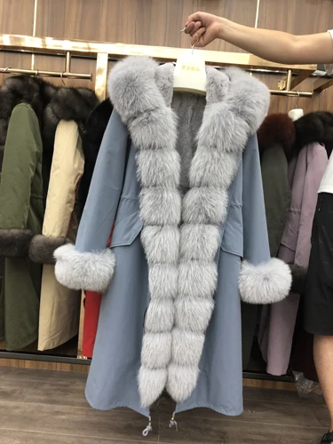 Женская парка пальто зимнее пальто с капюшоном с большим натуральным лисьим меховым воротником порог манжеты натуральная подкладка из кроличьего меха Рекс Длинная Верхняя одежда - Цвет: as picture