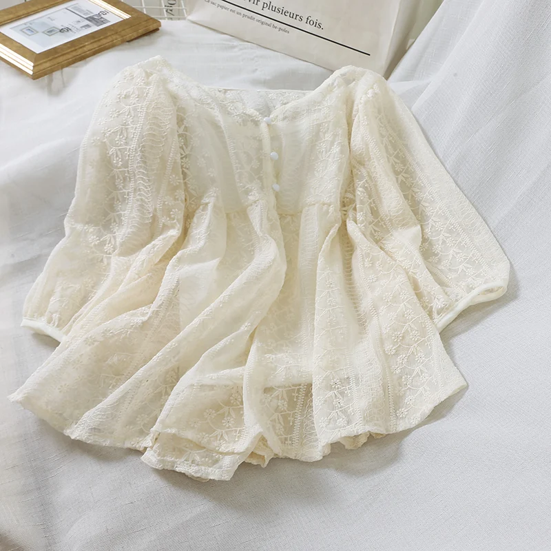 Женская зеленая блуза с крылом длинным рукавом кружевная блузка кроше шифоновый