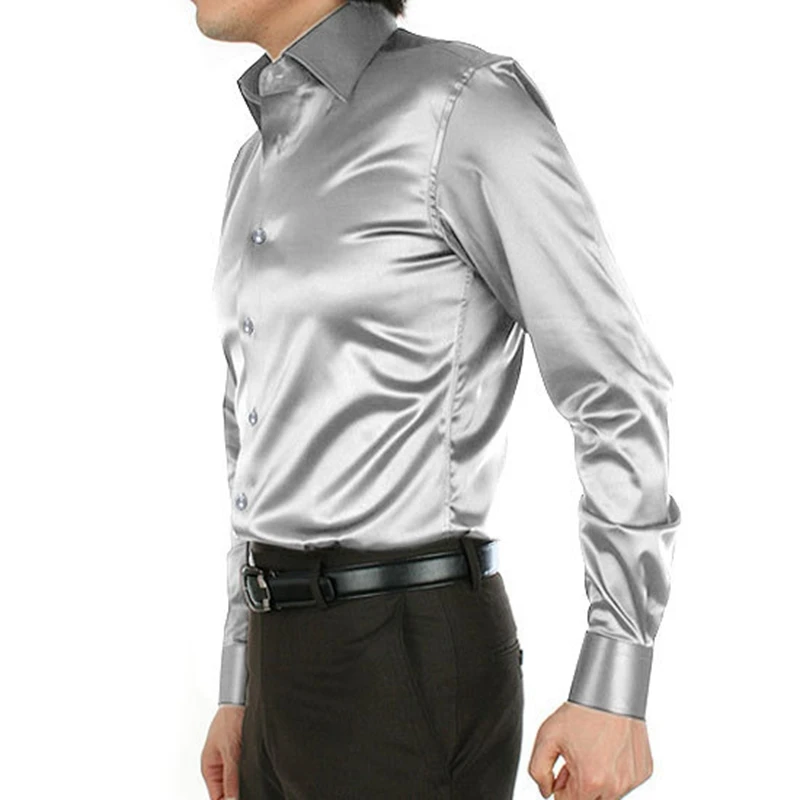 Мужские серебряные формальные повседневные рубашки Slim Fit жениха/жениха атласная