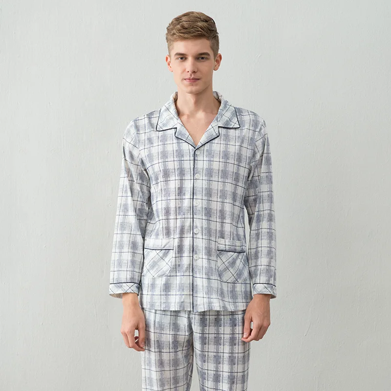 Пижамный комплект мужской из 100% хлопка одежда для сна с отложным воротником и