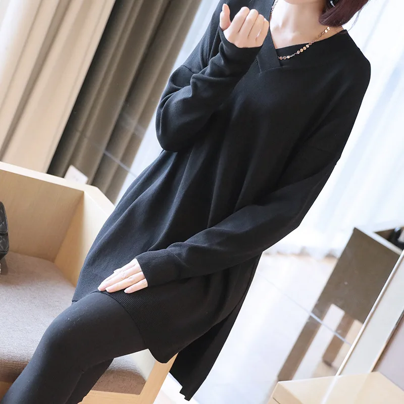 

2019new pullover sweater long long sleeve v-neck pullover sweater female loose bottom sweater