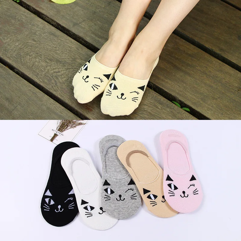 

10Pairs Emboridery Cat Cotton Stealth Super Shallow Mouth Invisible Socks Kawaii Silicone non-slip For women Boat Quality Sock