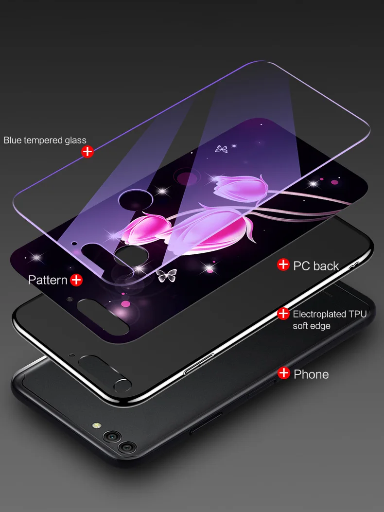 Чехол из закаленного стекла для телефона для huawei P20 Lite Pro Honor 7C 7X 7A 8 9 10 Lite чехол s Покрытие синий светильник роскошный стеклянный чехол Fundas