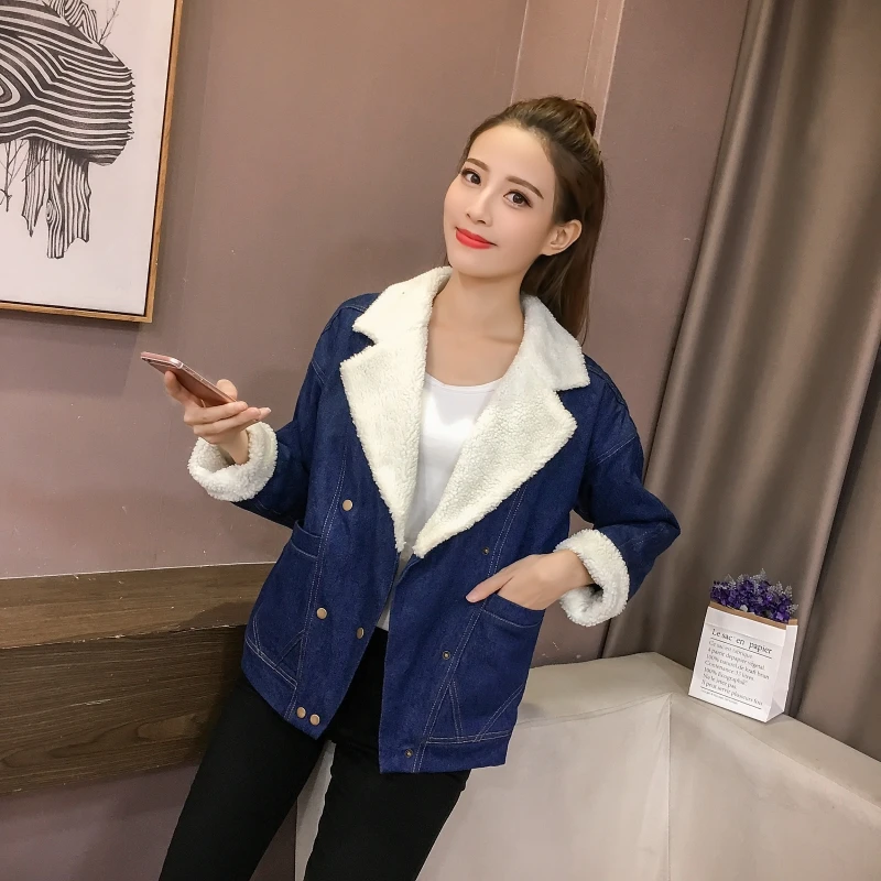 2019 новые зимние Обувь на теплом меху джинсовая куртка Для женщин Курточка бомбер