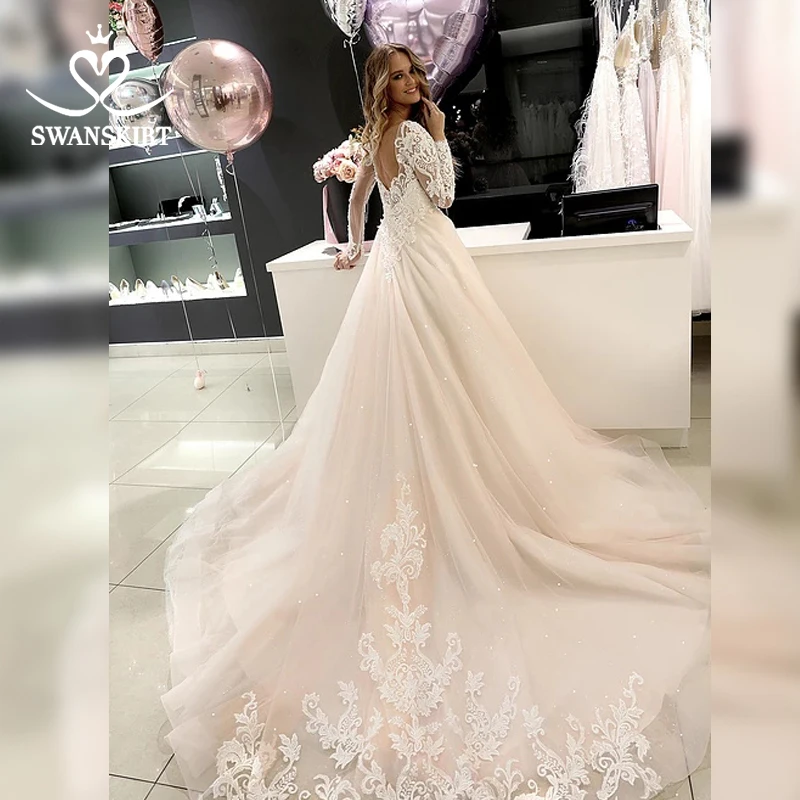 Swanskirt модное свадебное платье с длинным рукавом, Vestido de novia, кружевное бальное платье с аппликацией и бисером, свадебное платье с часовней и шлейфом HZ08