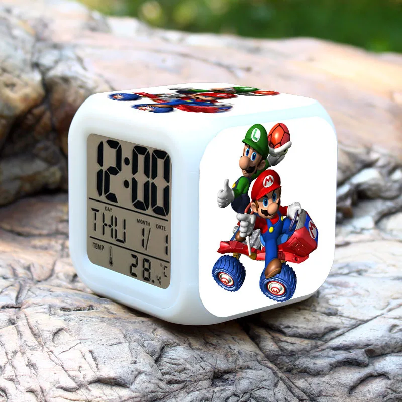 Super mario bros Детский будильник светодиодный часы мультяшный ночной Светильник вспышка 7 цветов меняющиеся цифровые часы электронные настольные часы