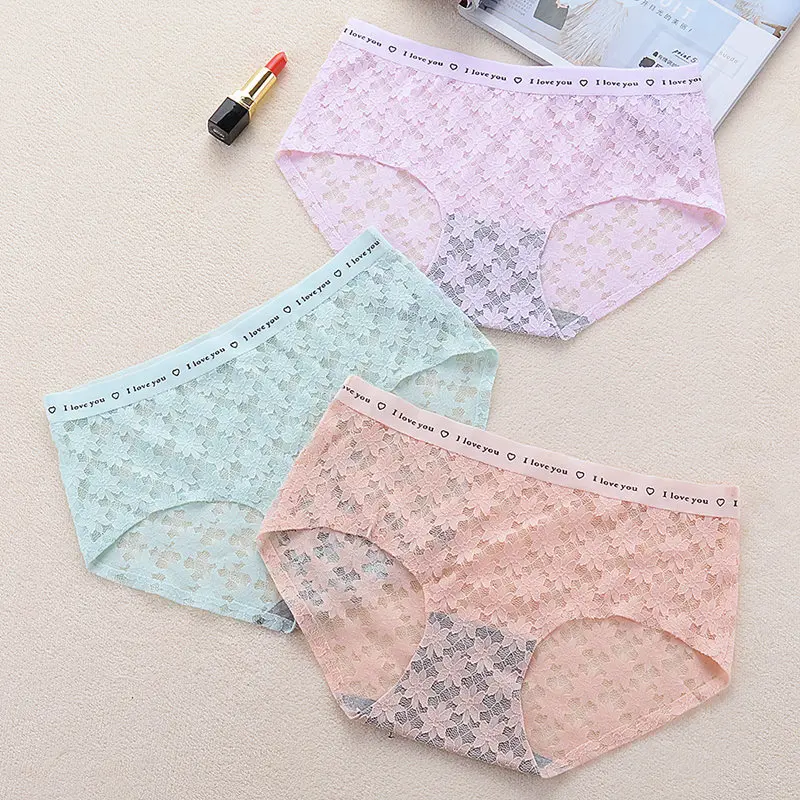 Women Lace Soft Underwear Middle Waist Sexy Hollow Lingerie Transparent Panties Plus Size Seamless Cotton Briefs |