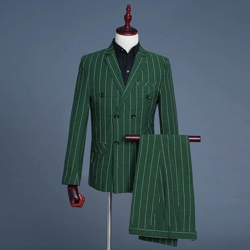 

Brand 2018 Three Piece Green Plaid Double Breasted Wedding Suits Tide Men Fashion Casual Slim Fit Tuxedo Singers Costume