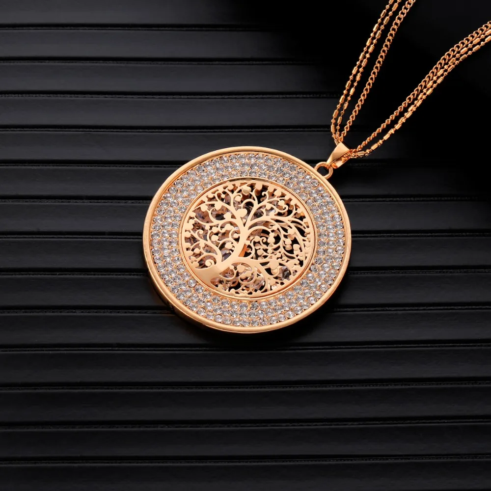 Hollow Inside Crystal Round Tree of life Necklaces& Pendants Long Sweater Chains Crystal Necklace For Women Statement Jewelry