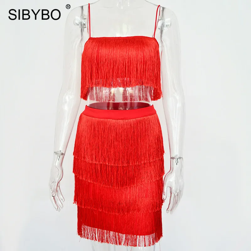 SIBYBO, с кисточками, без бретелек, сексуальный комплект из двух частей, Бандажное платье,, красное, белое, летнее, женское платье, элегантное, мини, для клуба, Платья для вечеринок