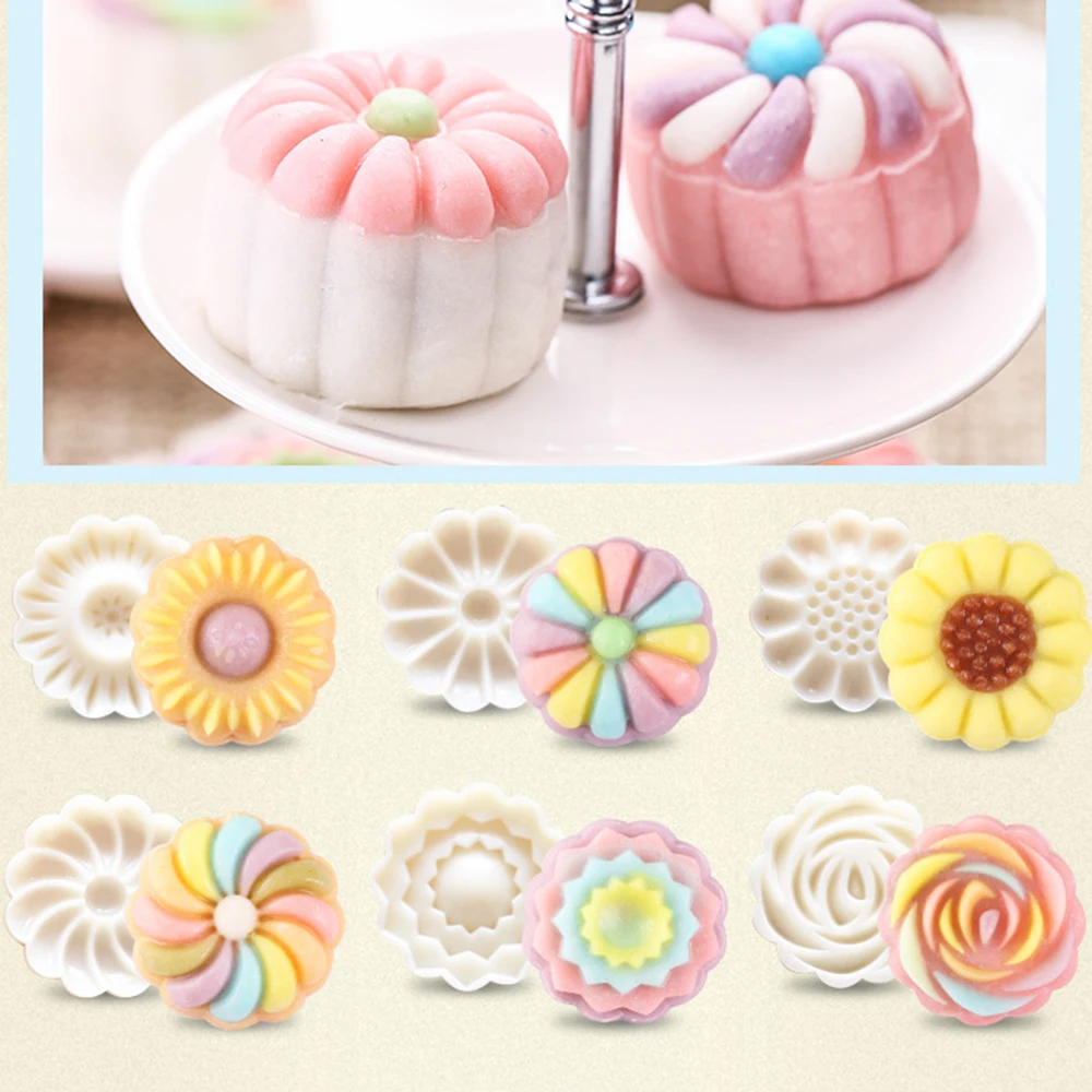 6 шт круглый цветок Mooncake плесень ручное давление помадка луна торт декорационные