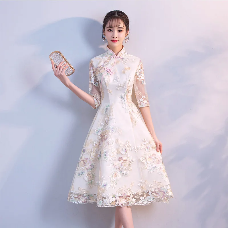 Лидер продаж Женский Qipao цветочный воротник-стойка Винтаж тонкий китайский Стиль платье Сексуальная Половина рукава Cheongsam Короткие свадебные платья XS-XXL