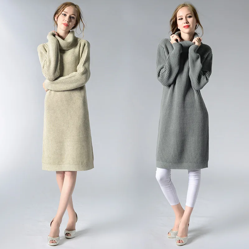 Women Long Sweater Dress Loose High Neck Retro Solid Knit Base Jumper Turtleneck Large Free Size Casual Wear Autumn Winter | Женская