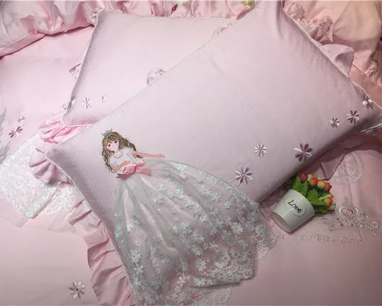 

Pink Cartoon Princess 3D Embrodiery 80S Egyptian cotton Bedding Set Duvet Cover Bed Linen Bed sheet Pillowcase Gift For Child