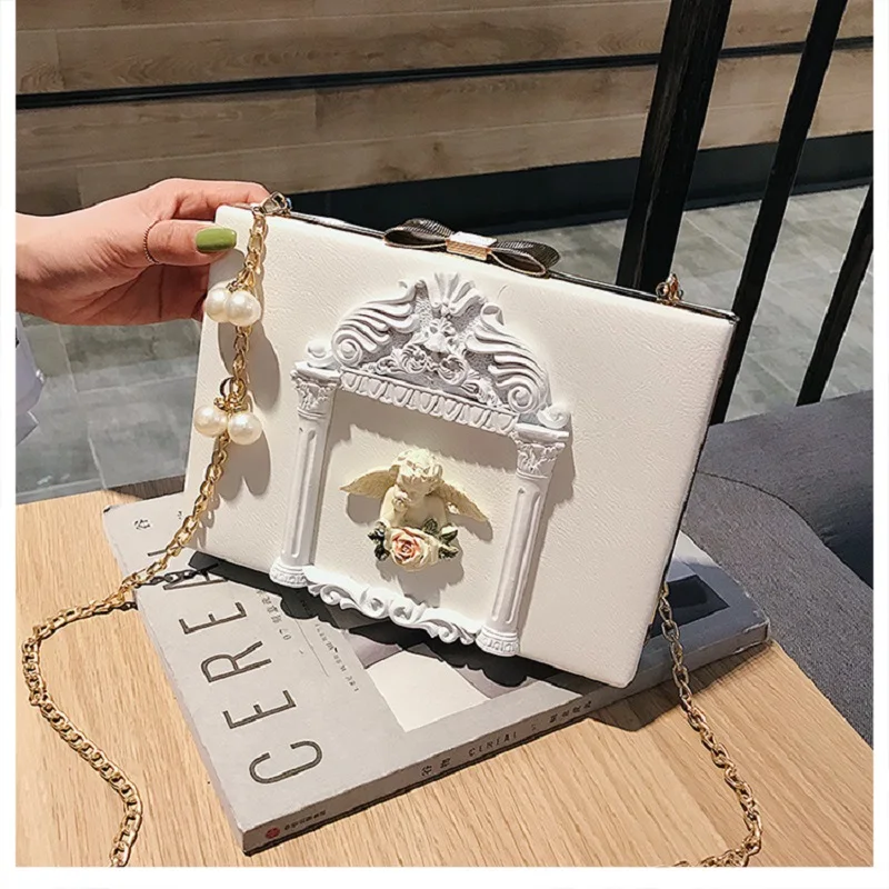 Женская винтажная сумка в стиле барокко с тиснением ангела и жемчужной цепочкой