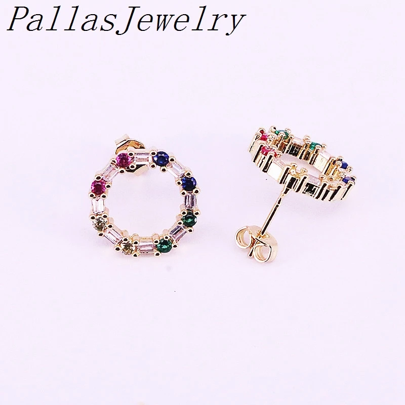 

10Pairs Gold Filled fashion Shiny Rainbow CZ Micro Pave Zirconia Round Circle Stud Earrings