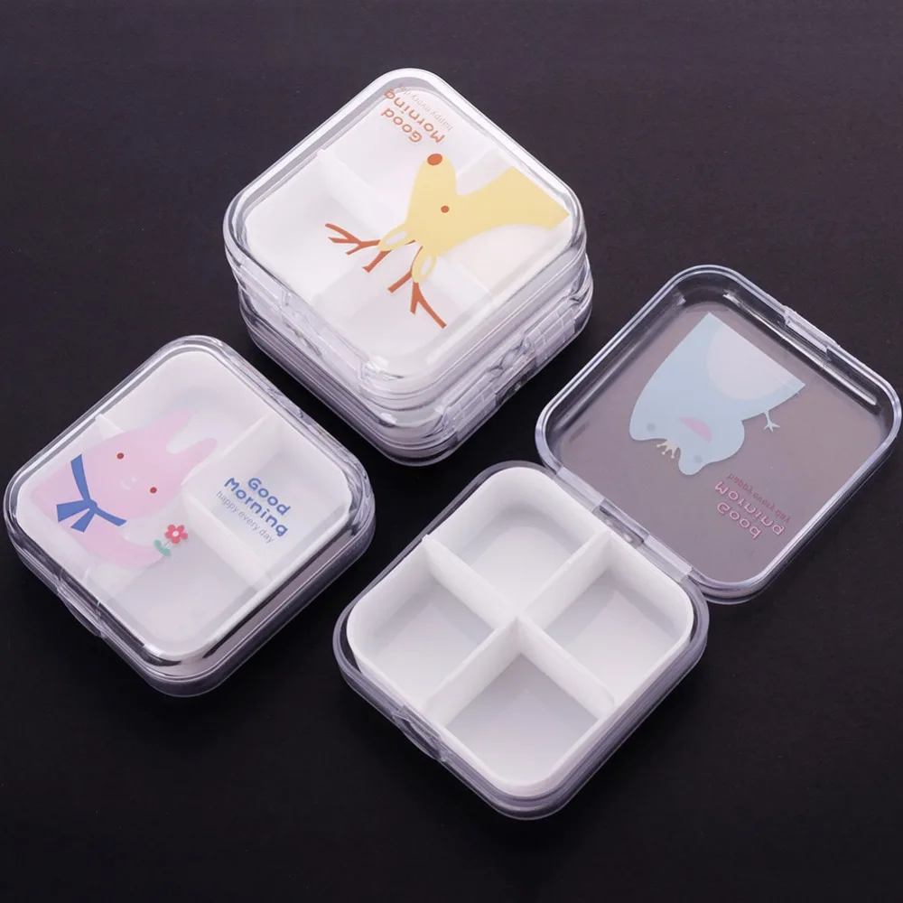4 слота прозрачный милый мультфильм Мини хранения лекарств Pill Box Портативный Пустой Пластиковый Контейнер Случаи#289777