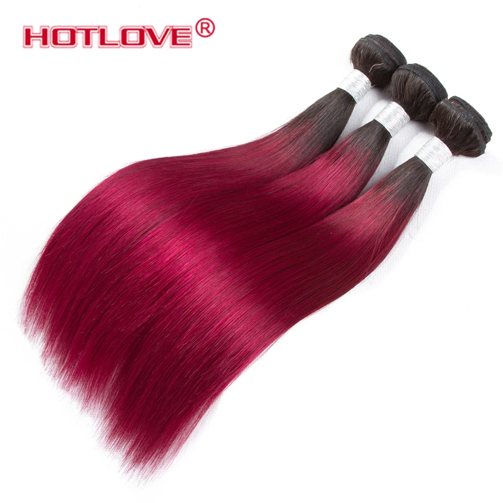 Hotlove Ombre Прямо бразильский волос Комплект с 4*4 закрытия шнурка Цвет 1B/бордовый