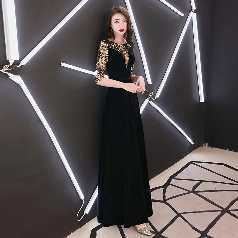 Robe de soiree черный велюр вечерние платья с круглым вырезом дизайн элегантное расшитое блестками длинное в пол бархатные вечерние платья LYFY93