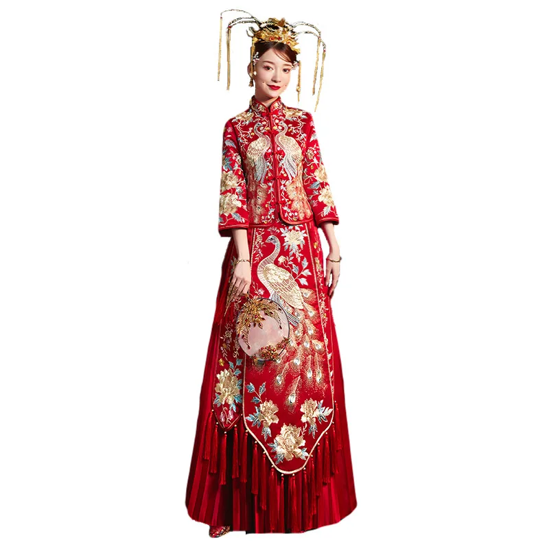 Китайское женское свадебное платье Ципао с вышивкой длинное вечернее la robe de mariee