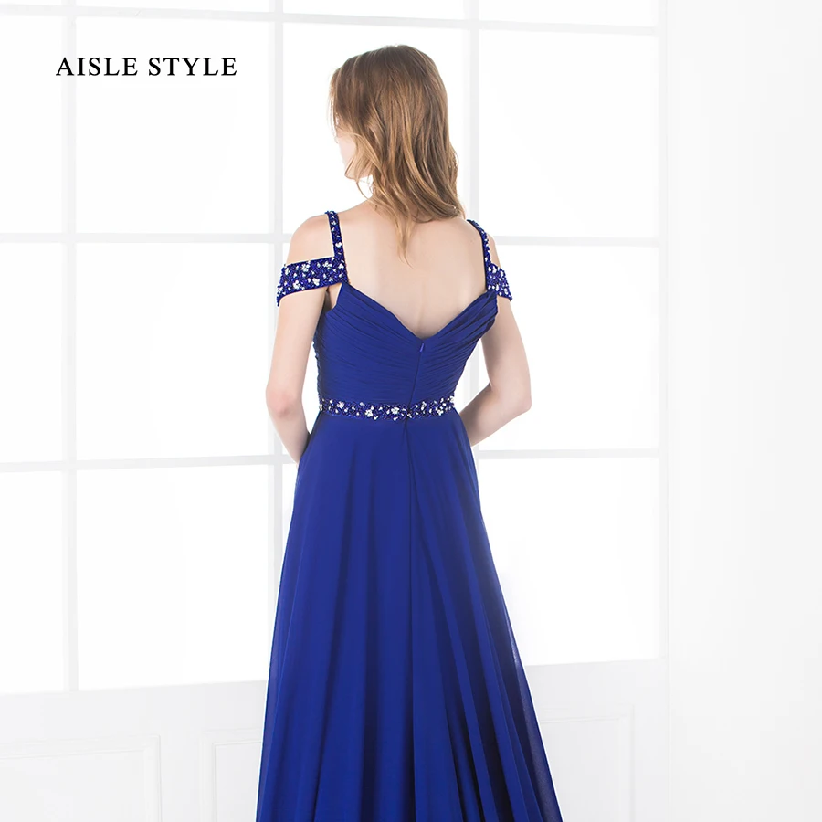 Проход Стиль С Плеча Пром Платья Sparkly Бисером-Линии Royal Blue Длиннее Шифоновое