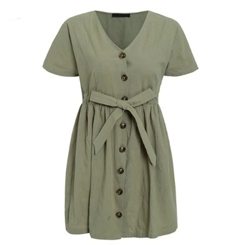 

NORMOV Summer Womens Dresses V-neck Vintage Short Sleeve Button Sash Mini Dress Solid A-Line Casual Streetwear Vestido Dress