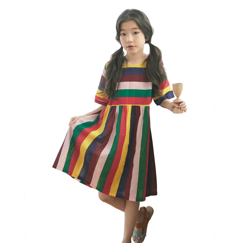 Youth Girl Rainbow Dress Brand Designer Casual Korean Children Summer Cotton Fabric Short Sleeve Clothes For 13 Years | Детская одежда