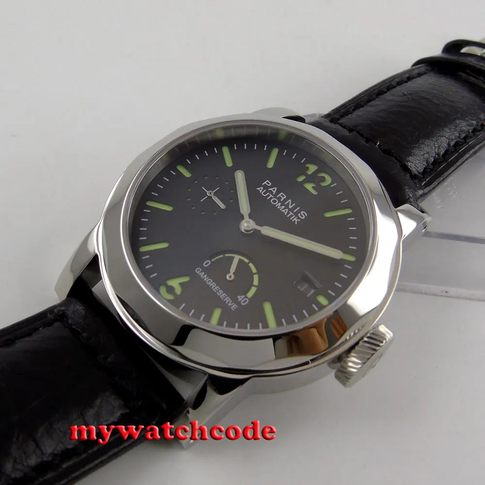 Полированный 44 мм Parnis черный сэндвич окно с датой набора запаса мощности