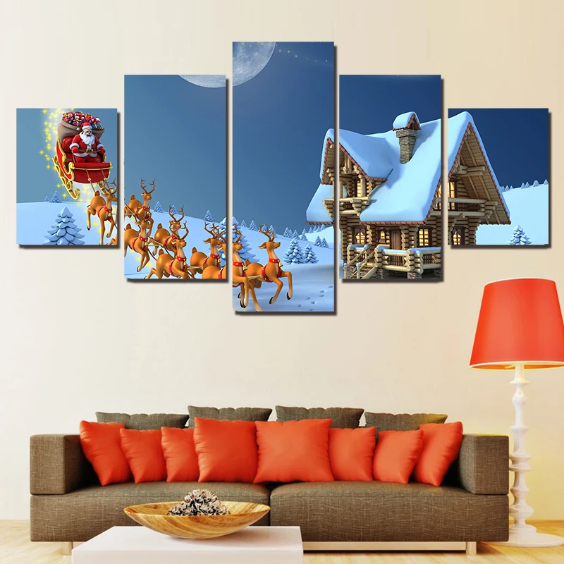 

Modern Printing Type Poster Canvas Painting HD Wall Art 5 Panel Santa Claus Pictures Modular Artwork Vintage Snow Home Decor