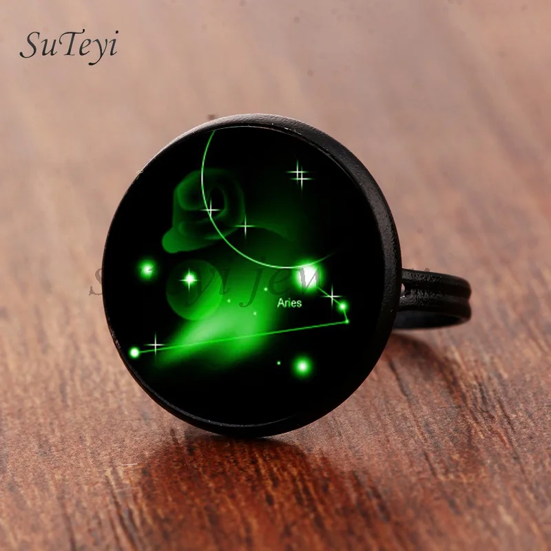 SUTEYI Ретро 12 кольцо созвездия DIY Овен, Телец Стрелец Gemimi Кристалл Кольца круглая картина под стеклом подарок ювелирные изделия - Цвет основного камня: black  Aries