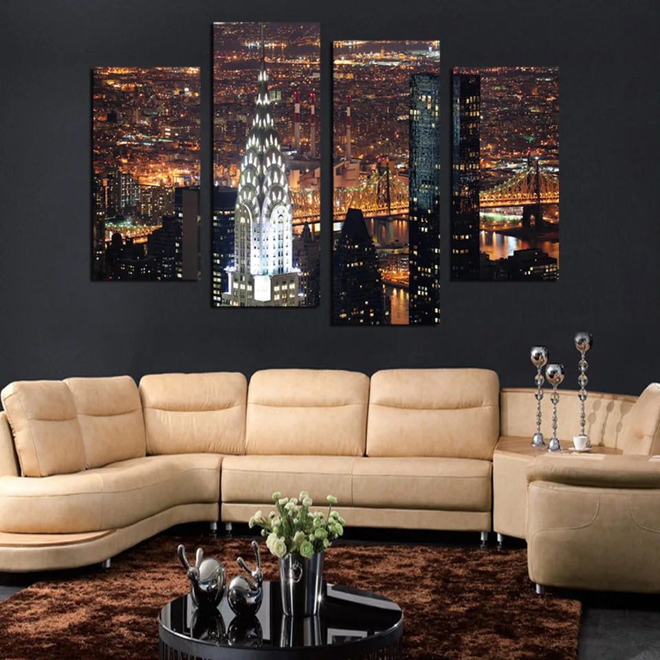 4 шт. США Нью Йорк Манхэттен в хороших ночниках Настенная картина Печать на холсте