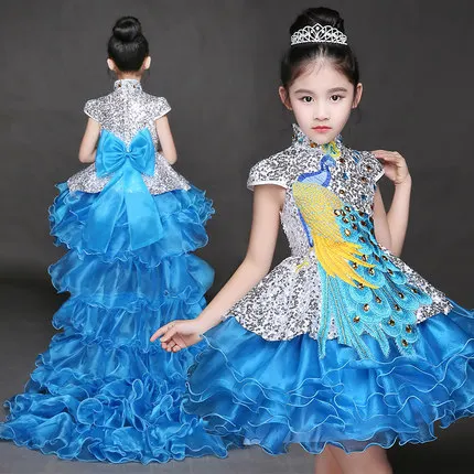 

freeship childrens girl blue/red peacock detachable trailing dance dress/party/event stage performance tutu dress