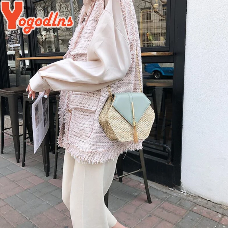 Yogodlns Hexagon Straw Shoulder Bag Women Summer Rattan Handmade Woven Beach Bohemia bolsa feminina chain Crossbody bag | Багаж и сумки