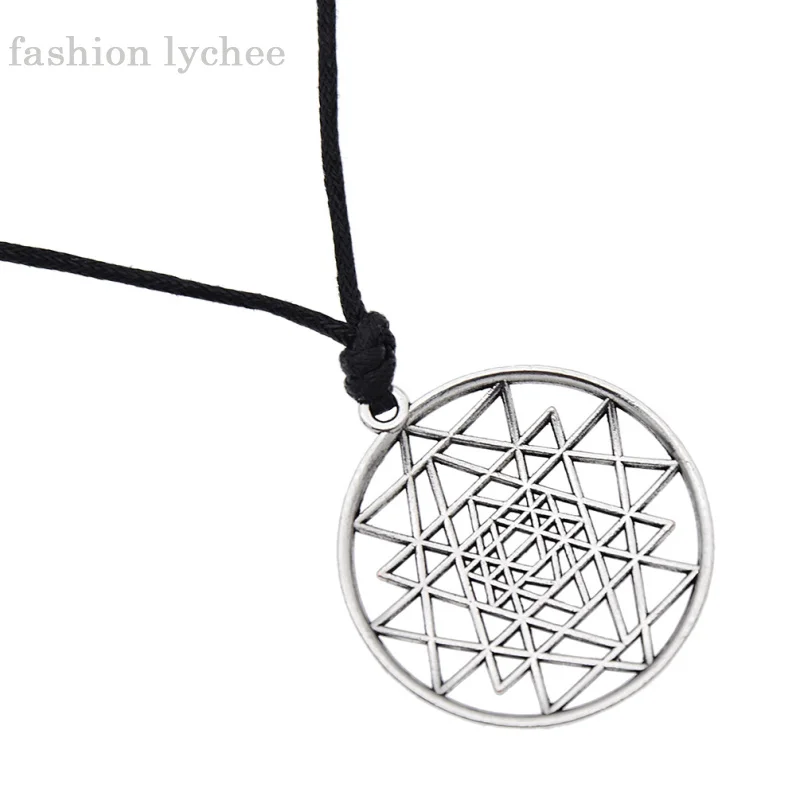 Мода Личи готический панк Sri Yantra цветок жизни круг кулон ожерелье круглой формы Серебряный цвет Веревка Цепи мужские ювелирные изделия