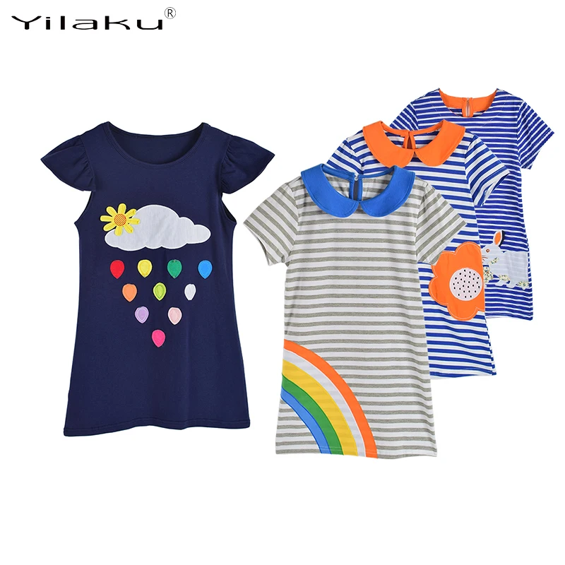 Yilaku/платья для девочек Детская летняя одежда в полоску Радужные платья с