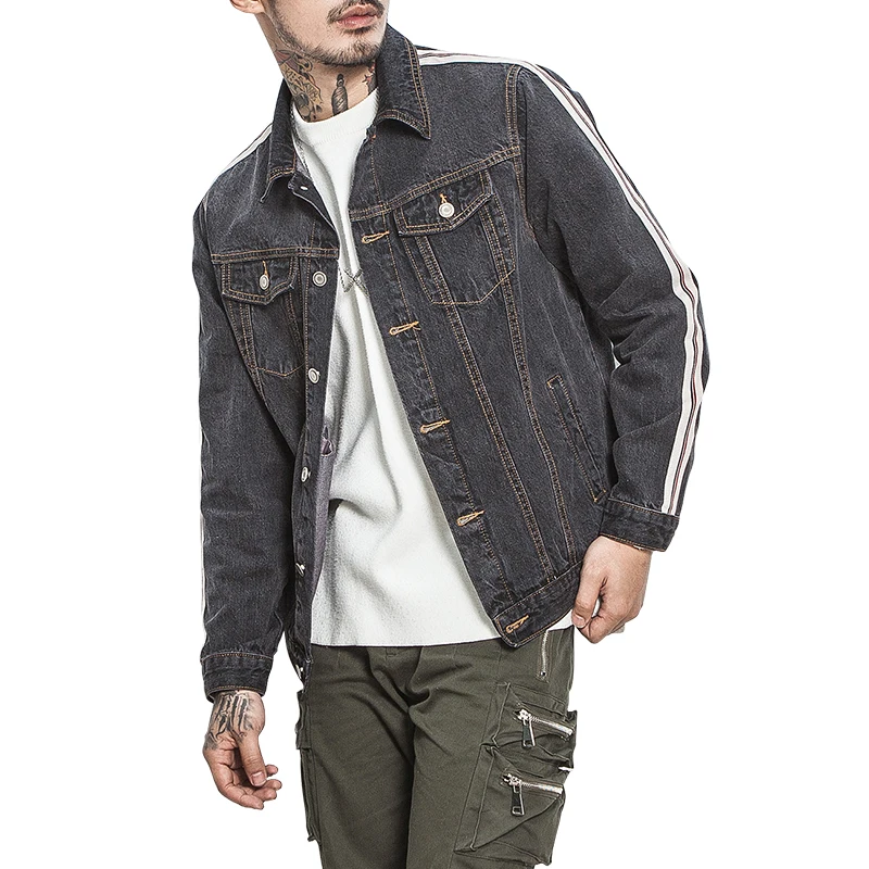 Мужская джинсовая куртка в полоску цвет черный|men's jean jacket|jacket qualityblack denim jacket |