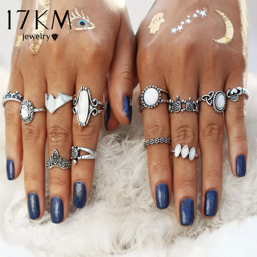 17 км Vintage Винтаж природный камень опал MIDI Ring Set для Для женщин Мода anillos сердце