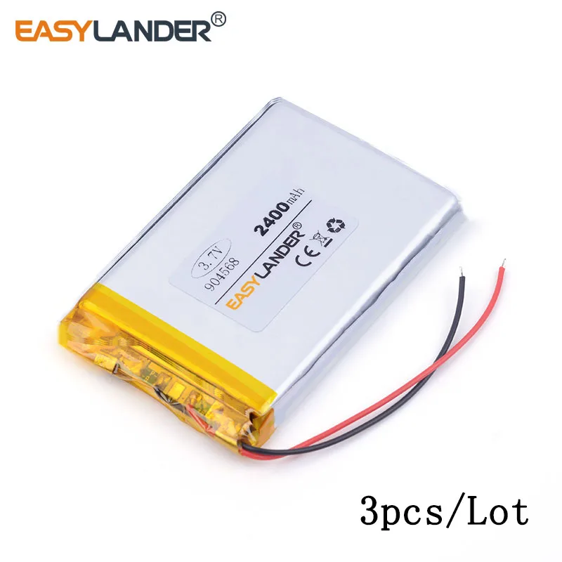 

3pcs /Lot 2400mAH 904568 3.7v lithium Li ion polymer rechargeable battery for model aircraft,GPS,mp3,mp4,cell phone,speaker