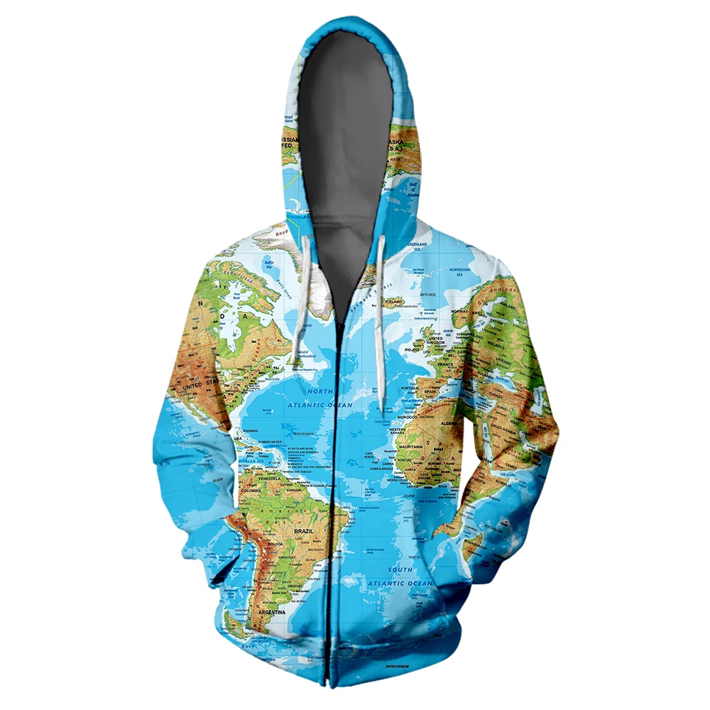 Толстовка на молнии с 3d картой мира толстовка в стиле хип хоп забавная капюшоном