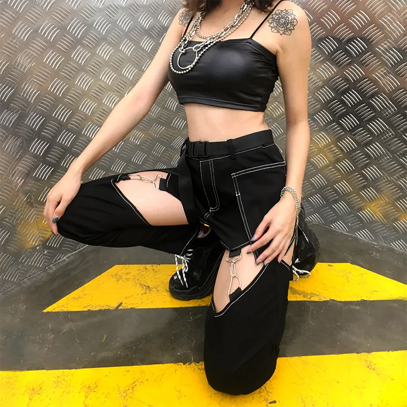 2019autumn and winter new European American hip-hop women's casual trousers high-waisted hollowed-out pencil pants small le | Женская