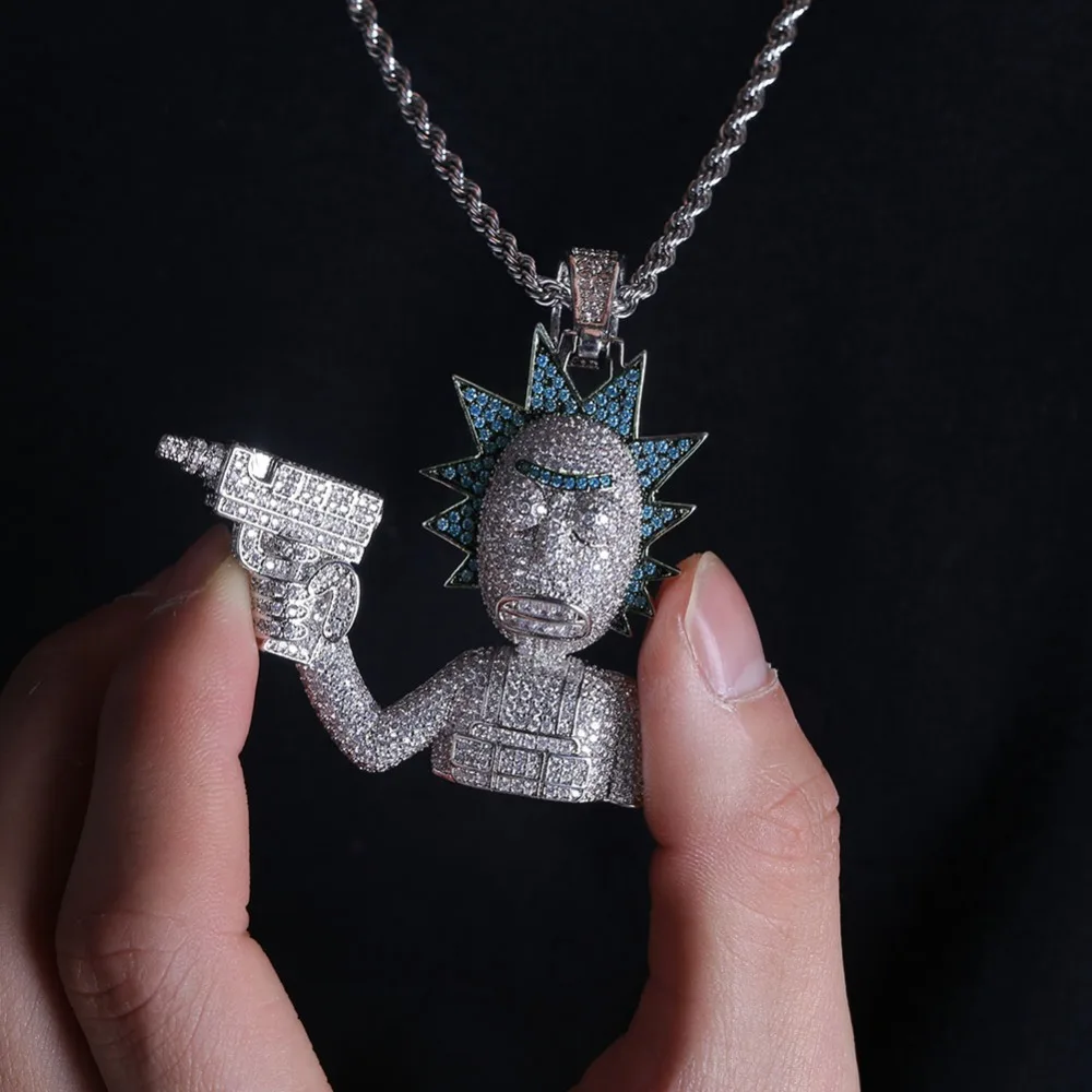 GUCY Рик и Морти кулон ожерелье все Iced Out Micro Pave кубического циркония мужские хип хоп ювелирные изделия Позолоченные талисманы подарок