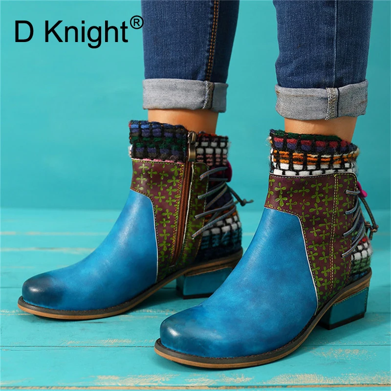 Retro Patchwork Cowgirl Ankle Boots For Women Shoes Woman Genuine Leather Splicing Cowboy Western Boots Women Booties New